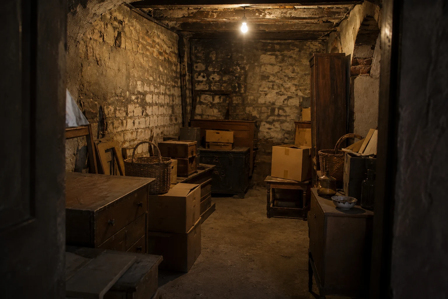 Cantina in edificio storico di Firenze con mobili in legno, scatoloni e oggetti da sgomberare, illuminata da luce calda soffusa durante un intervento di svuotamento professionale.