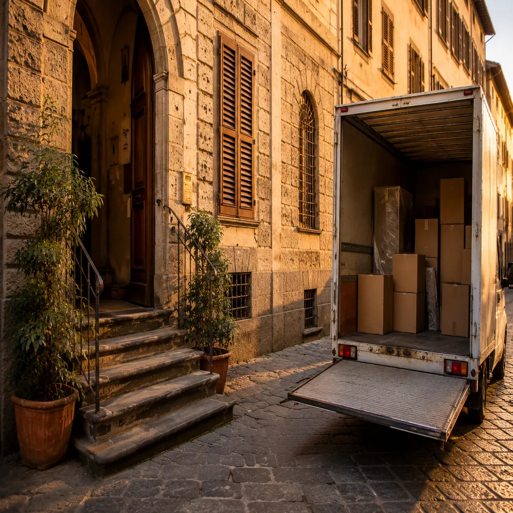 Camion per traslochi parcheggiato davanti a un elegante palazzo storico di Firenze con scatoloni e mobili pronti per il trasporto. Strada in pietra, facciata in stile toscano e luce calda del tramonto.