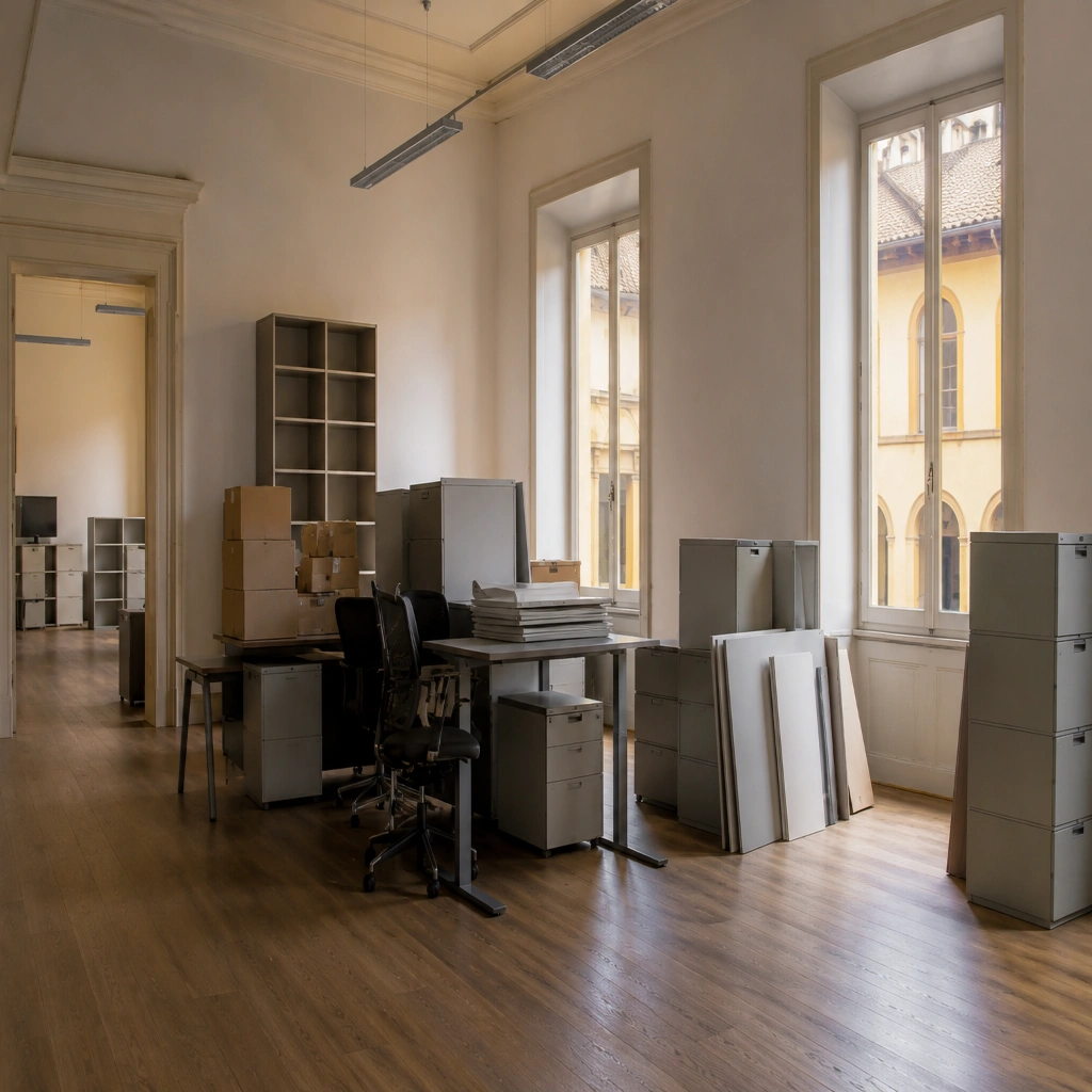 Ufficio in fase di sgombero a Firenze con scrivanie, sedie operative, armadi archivio e scaffalature pronti per la rimozione. Ambiente luminoso con pavimento in legno e vista su tipica corte toscana.