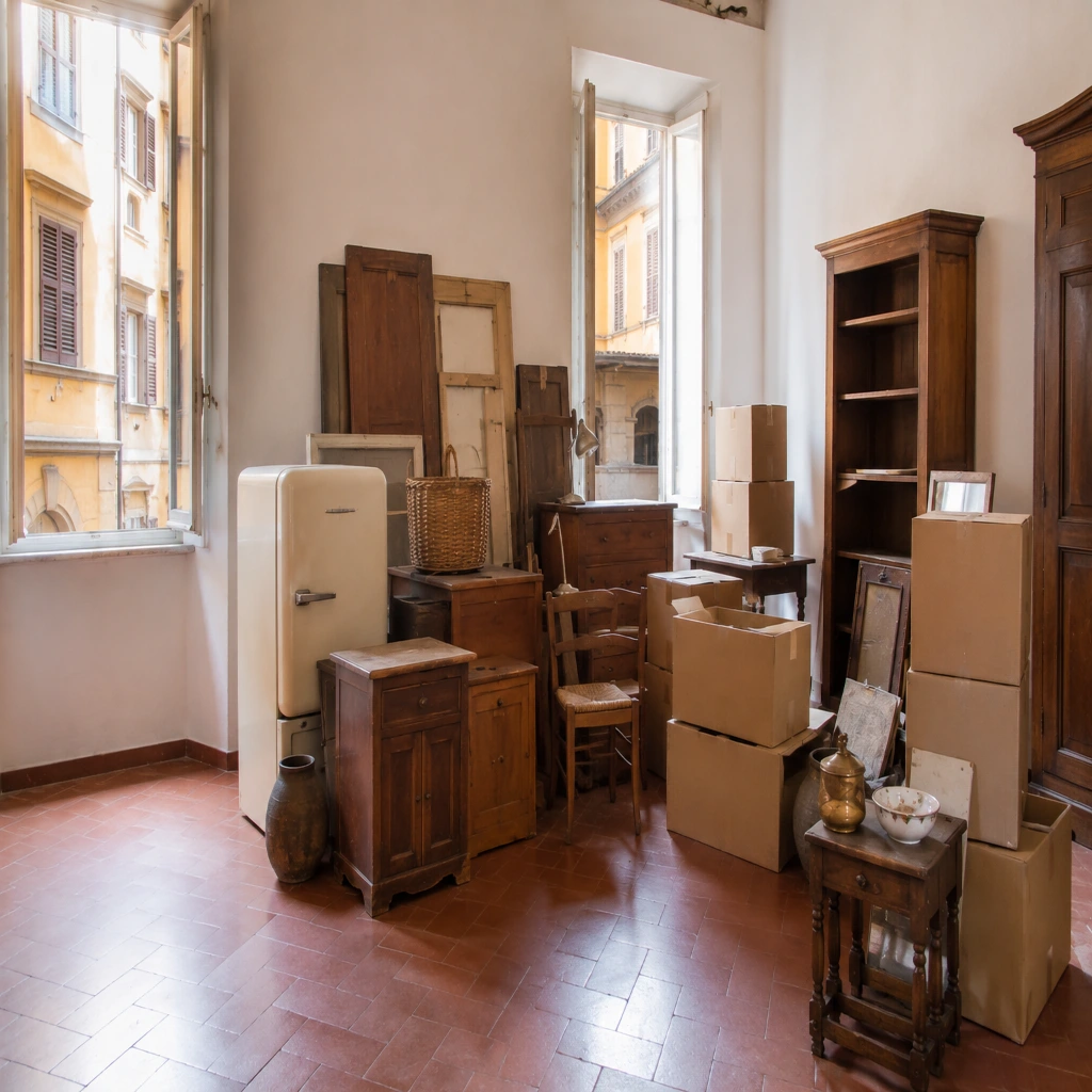 Mobili in legno, frigorifero vintage, scatoloni e oggetti domestici ordinatamente disposti in un appartamento vuoto a Firenze, pronti per il ritiro e lo smaltimento responsabile. Ambiente luminoso con pavimento in cotto e ampie finestre.